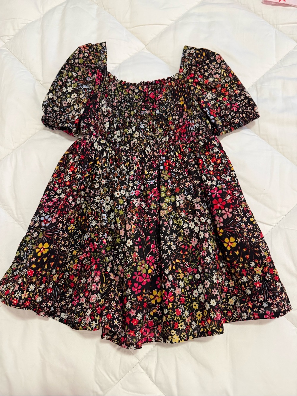 GAP Black Floral Smocked Puff Sleeve Dress with Pink, Yellow and Green Accents